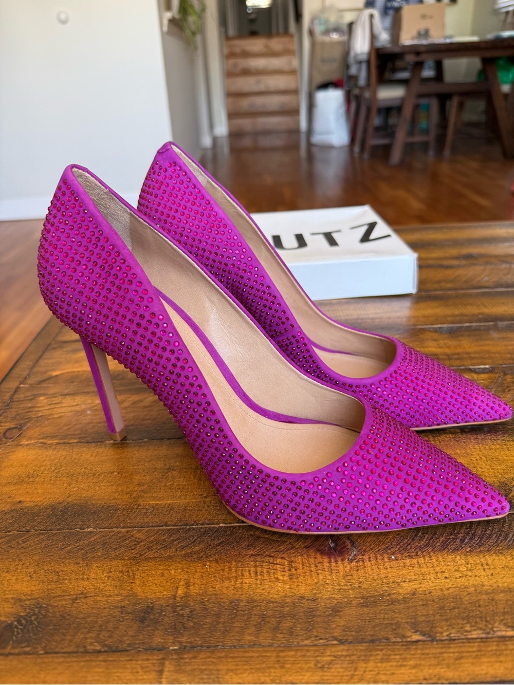 SCHUTZ Fuchsia Crystal-Embellished Pointed Toe Pumps
